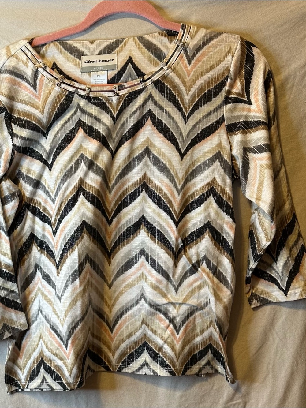 Alfred Dunner Chevron Metallic-Trim Blouse in Black, Cream & Pink